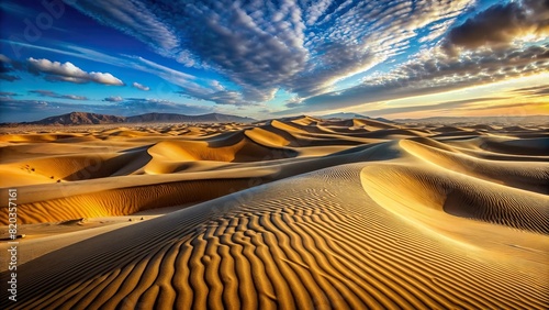 A vast desert landscape stretching as far as the eye can see, with sand dunes sculpted by the wind into mesmerizing patterns. photo