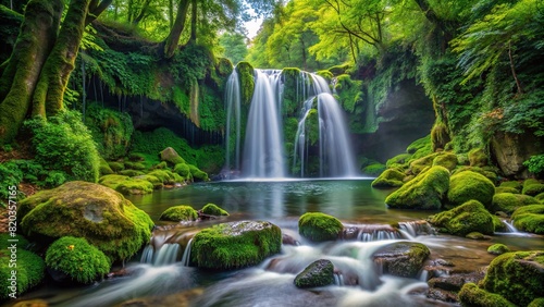 A secluded waterfall hidden deep in the forest, surrounded by lush greenery and moss-covered rocks