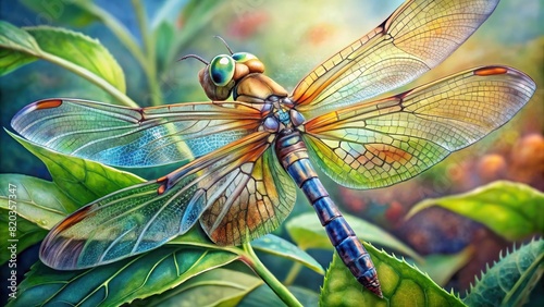 A close-up of a delicate dragonfly perched on a leaf, painted with intricate watercolor details