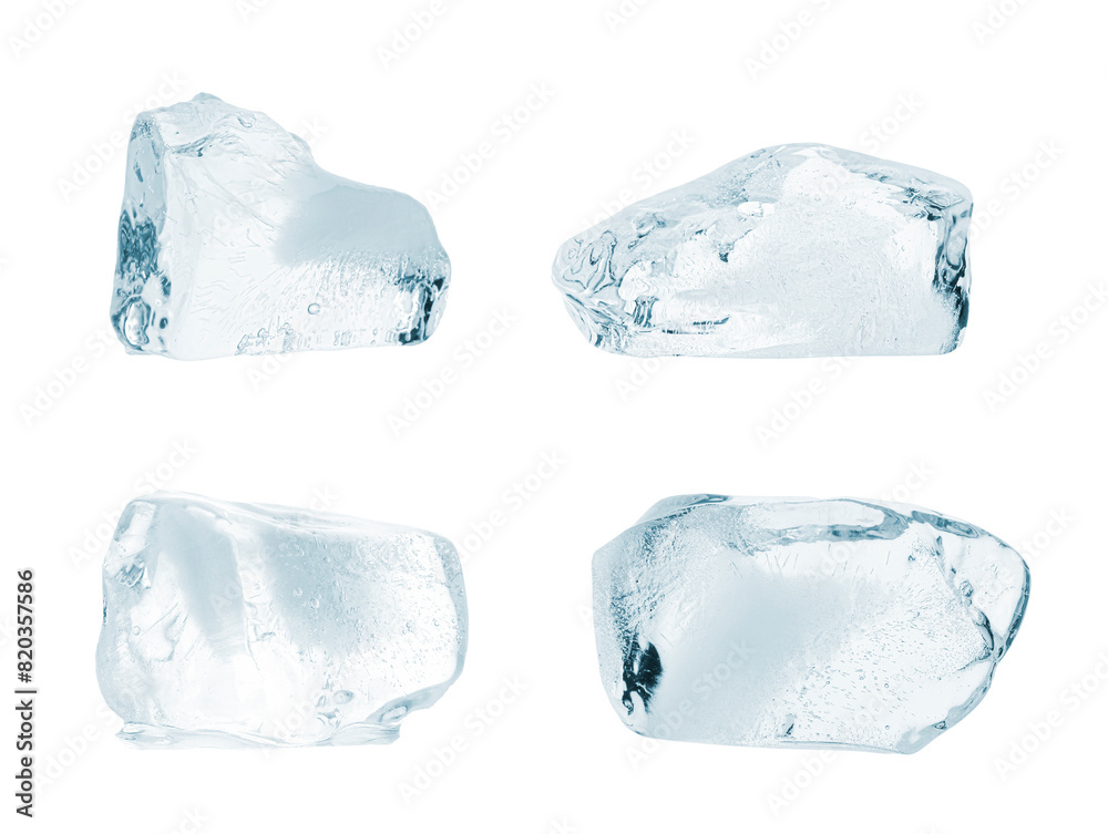 Crystal clear pieces of ice isolated on white, set Crystal clear pieces of ice isolated on white, set