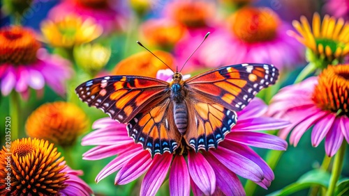 A close-up of a colorful butterfly resting on a blooming flower, painted with vibrant watercolor hues