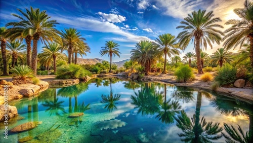 A tranquil oasis in the desert, with palm trees surrounding a clear blue pool of water under a bright sky