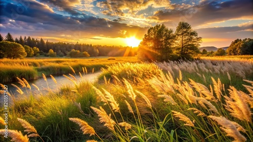 A peaceful meadow bathed in the golden light of sunset, with tall grasses swaying gently in the breeze photo