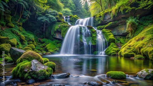 A gentle waterfall cascading down moss-covered rocks into a tranquil pool below  surrounded by dense forest