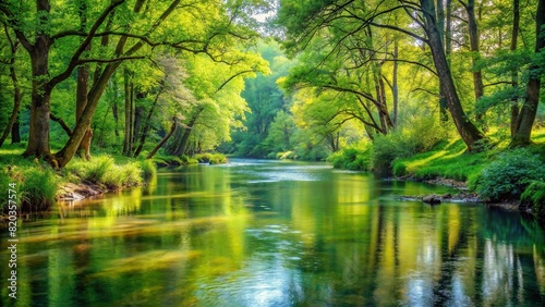A peaceful river flowing gently through a verdant forest, its surface painted with gentle watercolor strokes