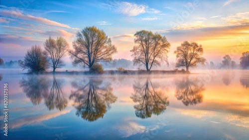 A dreamy, ethereal scene of mist-shrouded trees reflected in the glassy surface of a calm lake, with soft pastel hues painting the sky.