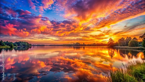 A panoramic view of a colorful sunrise over a tranquil lake, with vibrant hues of pink, orange, and gold painting the sky. photo