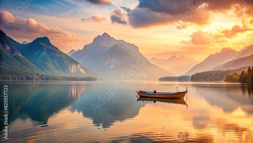 A lone boat drifting peacefully on a calm lake, surrounded by towering mountains and a soft, pastel-colored sky in the background photo