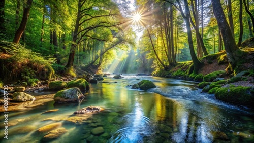 A babbling brook winding its way through a dense forest, its crystal-clear waters glistening under the sunlight, inviting exploration and contemplation.