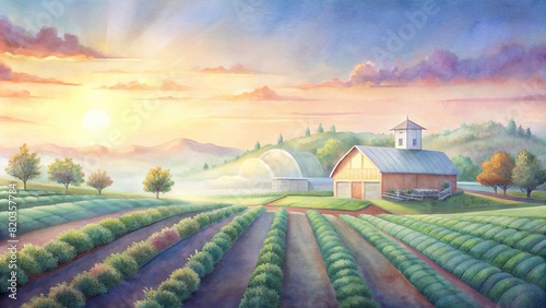 A picturesque view of a smart farm at dawn, highlighting the coexistence of technology and nature in perfect harmony, promising a bountiful harvest
