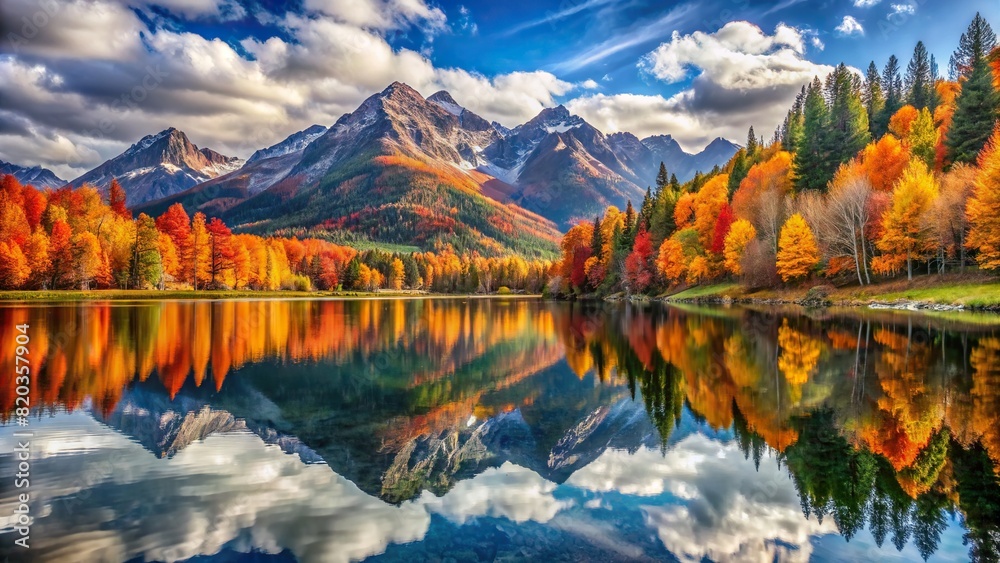 A crystal-clear lake reflecting the surrounding mountains, with vibrant autumn foliage adding bursts of color to the scene