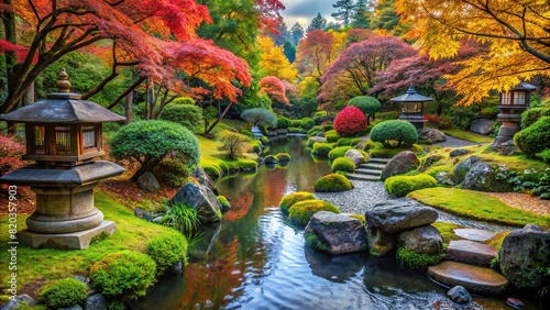 A tranquil Japanese garden with a winding stream  stone lanterns  and vibrant foliage  providing a natural  free space for meditation and contemplation