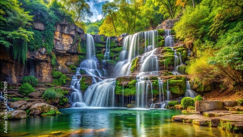 A gentle waterfall cascading down a rocky cliff  surrounded by verdant vegetation and painted in delicate watercolors
