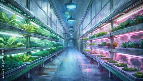 A futuristic indoor vertical farm illuminated by artificial LED lights, maximizing space and efficiency in food production