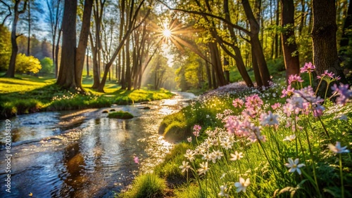 Delicate wildflowers swaying gently in the breeze along the banks of a meandering stream, with sunlight filtering through the trees casting dappled shadows.