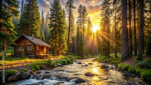 A cozy cabin nestled among tall pine trees in a secluded forest clearing, with a bubbling creek flowing nearby and a soft, golden sunlight filtering through the branches photo