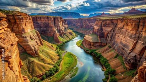 A winding river carving its way through a rugged canyon, framed by sheer cliffs and lush greenery.