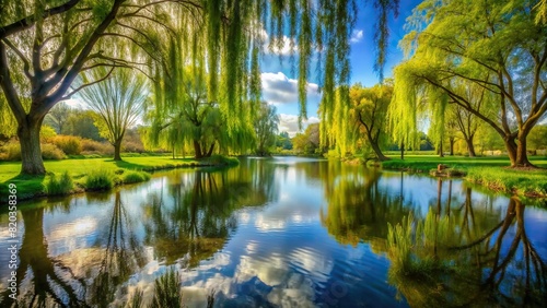 A tranquil pond surrounded by weeping willows, their branches dipping into the still water.