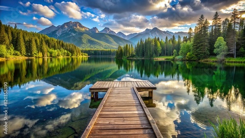 A rustic wooden dock extending into a tranquil lake  surrounded by lush greenery and distant mountains.