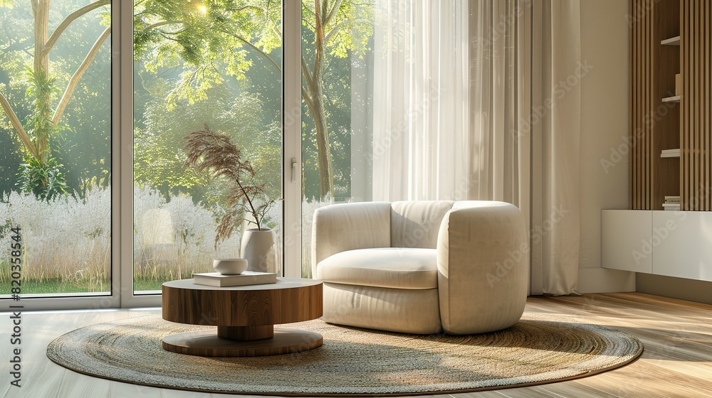 Panoramic 3D rendering of an interior featuring an armchair and coffee table. Panoramic 3D rendering of an interior featuring an armchair and coffee table.