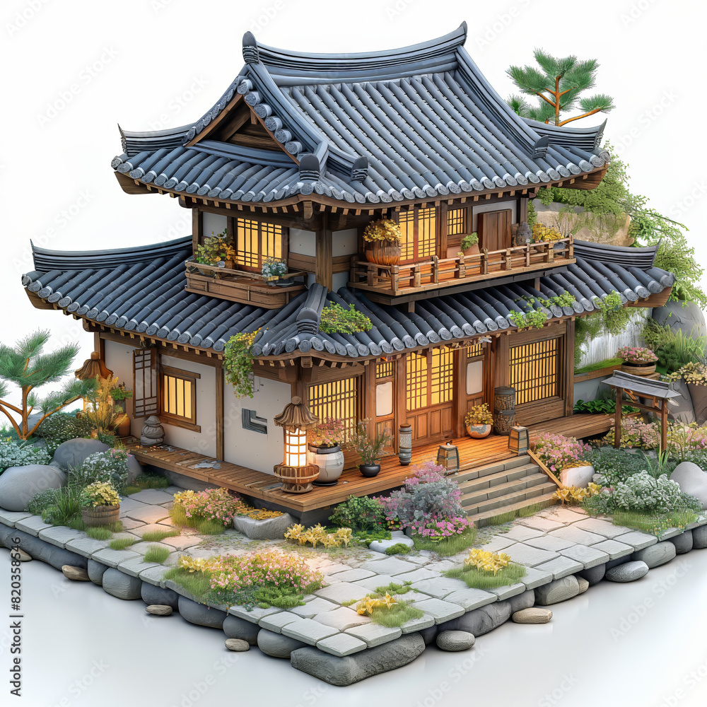 Asian style house model on a white background.