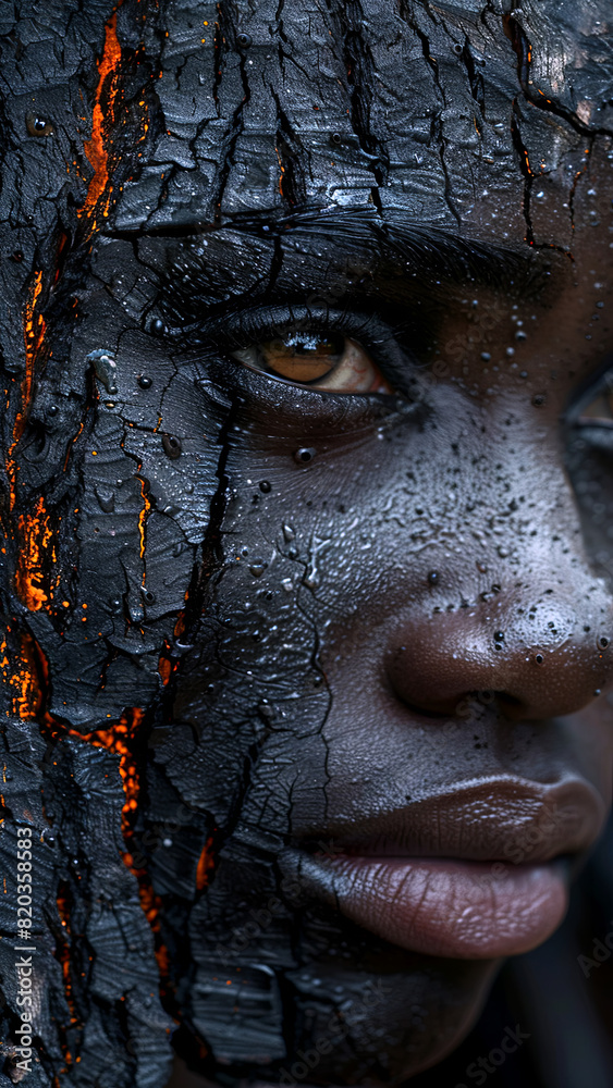 Black charred face with veins of wood. Model Fashion. Cinematic style. Burning charcoal. Generate AI. Black charred face with veins of wood. Model Fashion. Cinematic style. Burning charcoal. Generate AI.