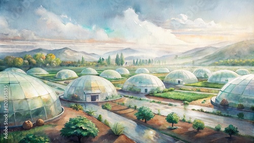 An expansive smart farm landscape dotted with futuristic greenhouse domes, illustrating how controlled environments enhance crop cultivation in unpredictable climates photo