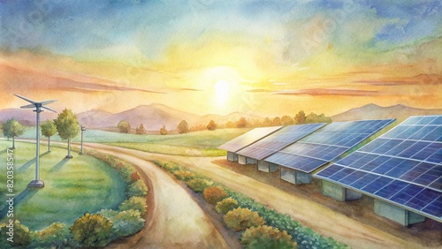 A serene dawn scene at a smart farm, where solar panels collect morning sunlight to power the automated irrigation systems, promoting sustainable water usage