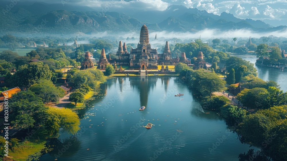 Naklejka premium High-altitude view of the ancient temples in Sukhothai Historical Park