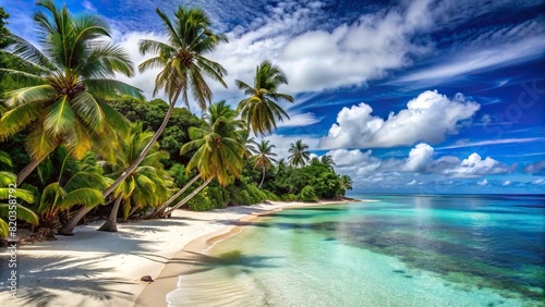 A secluded beach with powdery white sand and azure waters stretching to the horizon  framed by towering palm trees