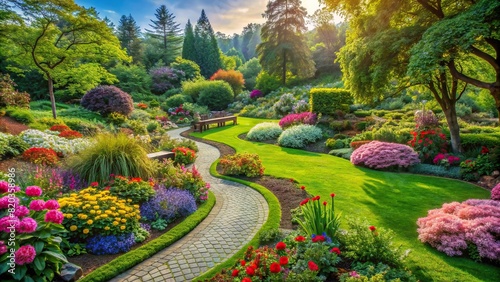 A serene garden with winding pathways, blooming flowers, and lush greenery, perfect for relaxation and reflection © prasit