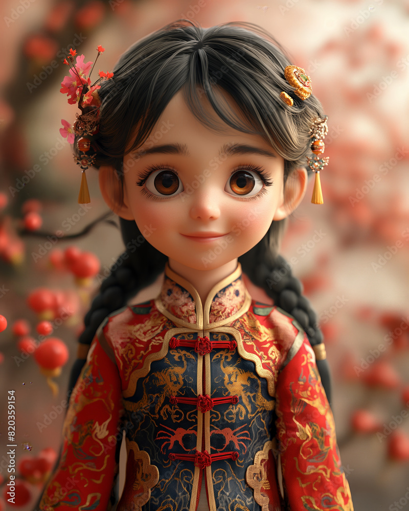 Cartoon, 3D girl in national traditional Asian attire. Cartoon, 3D girl in national traditional Asian attire.