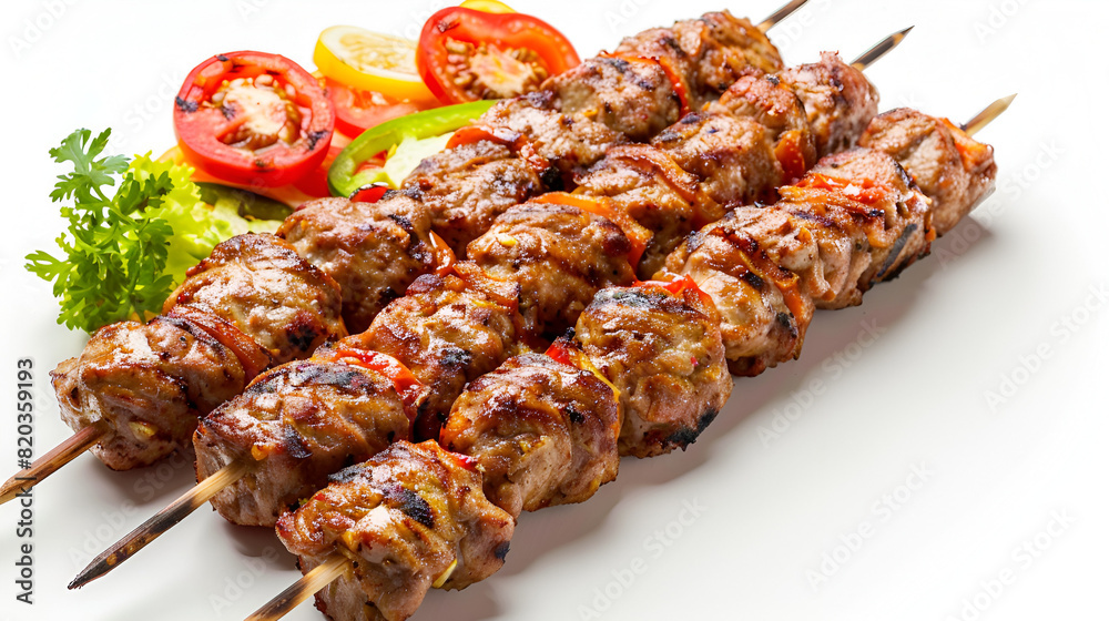 Grilled Kebabs served with vegetables An barbecue Khorovods on a white background marinated beef in Turkish shish kebab skewers, 
