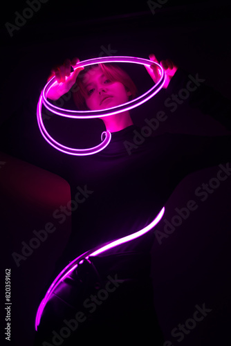 young model in cyberpunk fashion style with neon anime