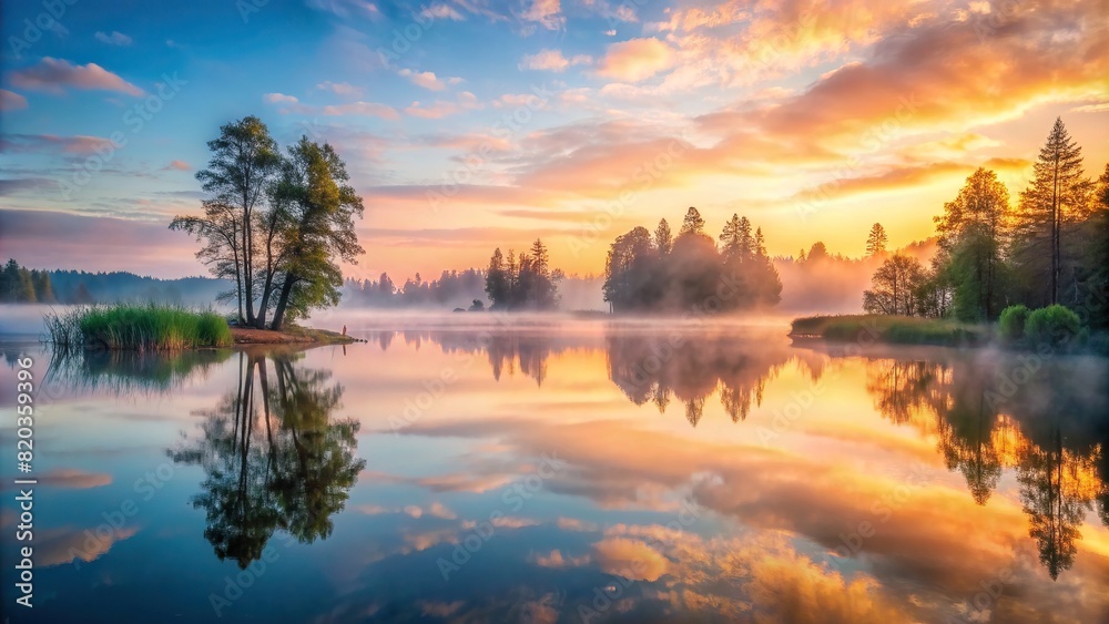 A tranquil lake at dawn, with mist rising from the surface and reflecting the soft colors of the sunrise.