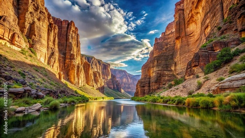 A calm river winding through a picturesque canyon, with sheer rock walls rising on either side
