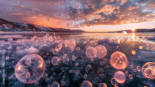 A hidden world revealed as a frozen lake gives way to a multitude of colorful and ped bubbles below.