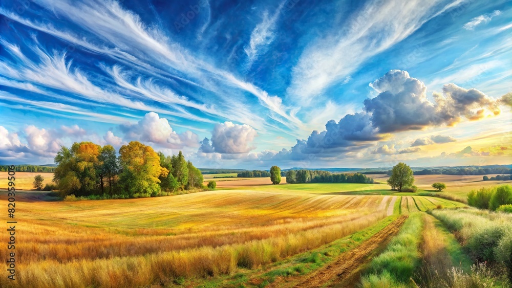 A panoramic view of a vast open field under a clear blue sky, painted with soft watercolor strokes