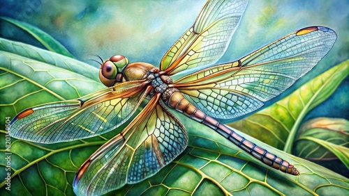 A close-up of a delicate dragonfly perched on a leaf, painted with intricate watercolor details