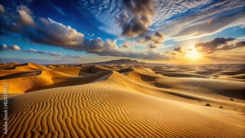 A vast desert landscape stretching to the horizon, with dunes sculpted by the wind, creating a natural, free space for exploration and adventure