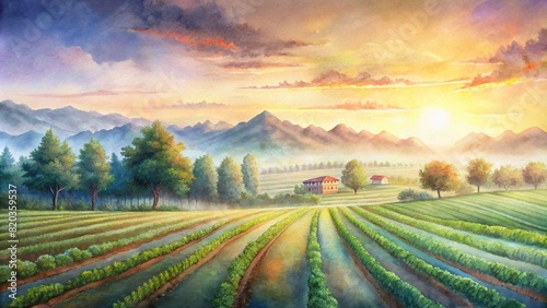 A serene sunrise over a smart agriculture landscape, where natural beauty harmonizes with advanced farming practices