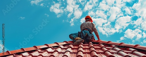 An adult worker in overalls and helmet working on the roof of a modern house.