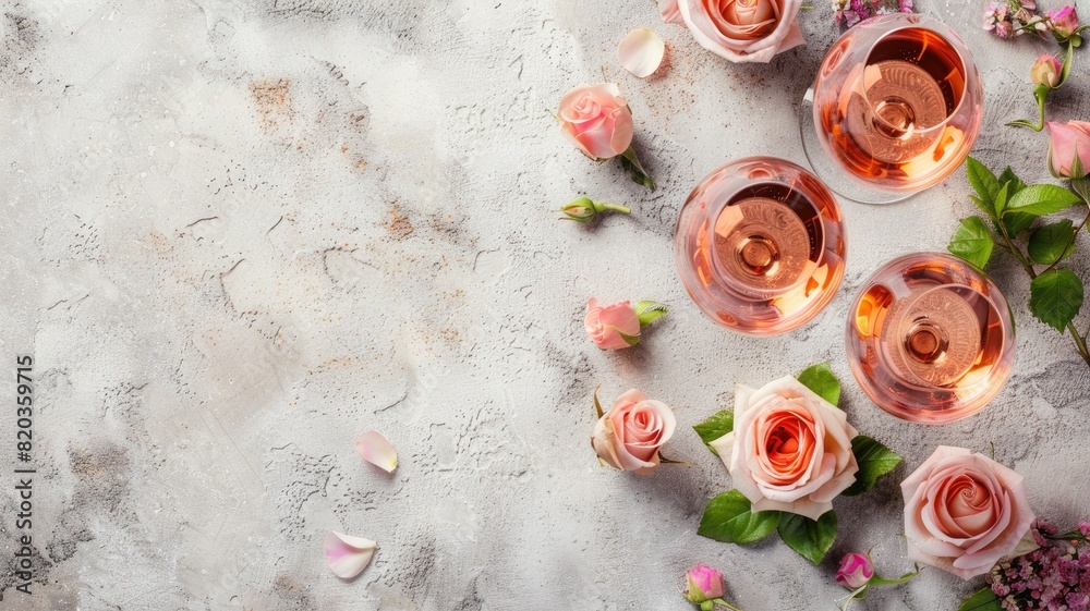 Overhead view of pink roses and wine glasses on textured surface Overhead view of pink roses and wine glasses on textured surface