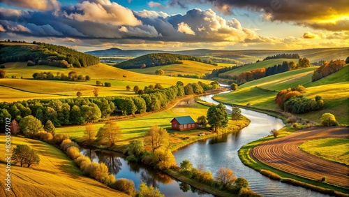 A peaceful countryside scene with rolling hills, golden fields, and a winding river, capturing the timeless beauty of rural life.
