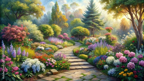 A tranquil garden scene with blooming flowers and a winding path, painted in soft watercolor hues