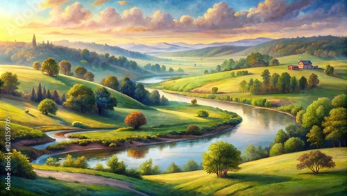 A serene countryside scene with rolling hills and a winding river, painted in soft watercolor tones photo