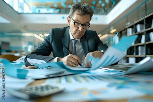 Auditor surrounded by symbols of precision and financial analysis photo
