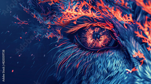A blue and orange eye with fur around it that is on fire photo