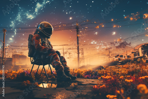 In a field of flowers, an astronaut sits on a rocking chair, gazing at the sky. The scene resembles an artwork with hints of nighttime, darkness, and a dreamy landscape