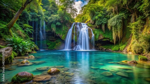 A secluded waterfall hidden deep within a lush forest  cascading into a crystal-clear pool below